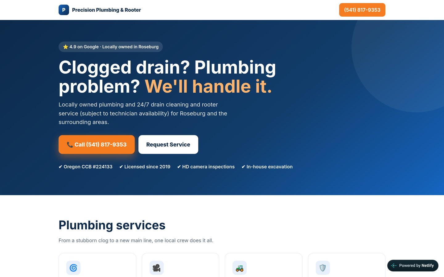 Concept website for a local plumbing company, desktop view